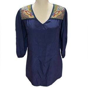 DREW Blue Silk V-Neck Top Blouse Beaded Shoulders Size X-Small